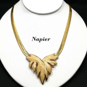 Vintage Napier Necklace, Beige Leaf Enamel, Gold Plated Chain, 18", 1980s